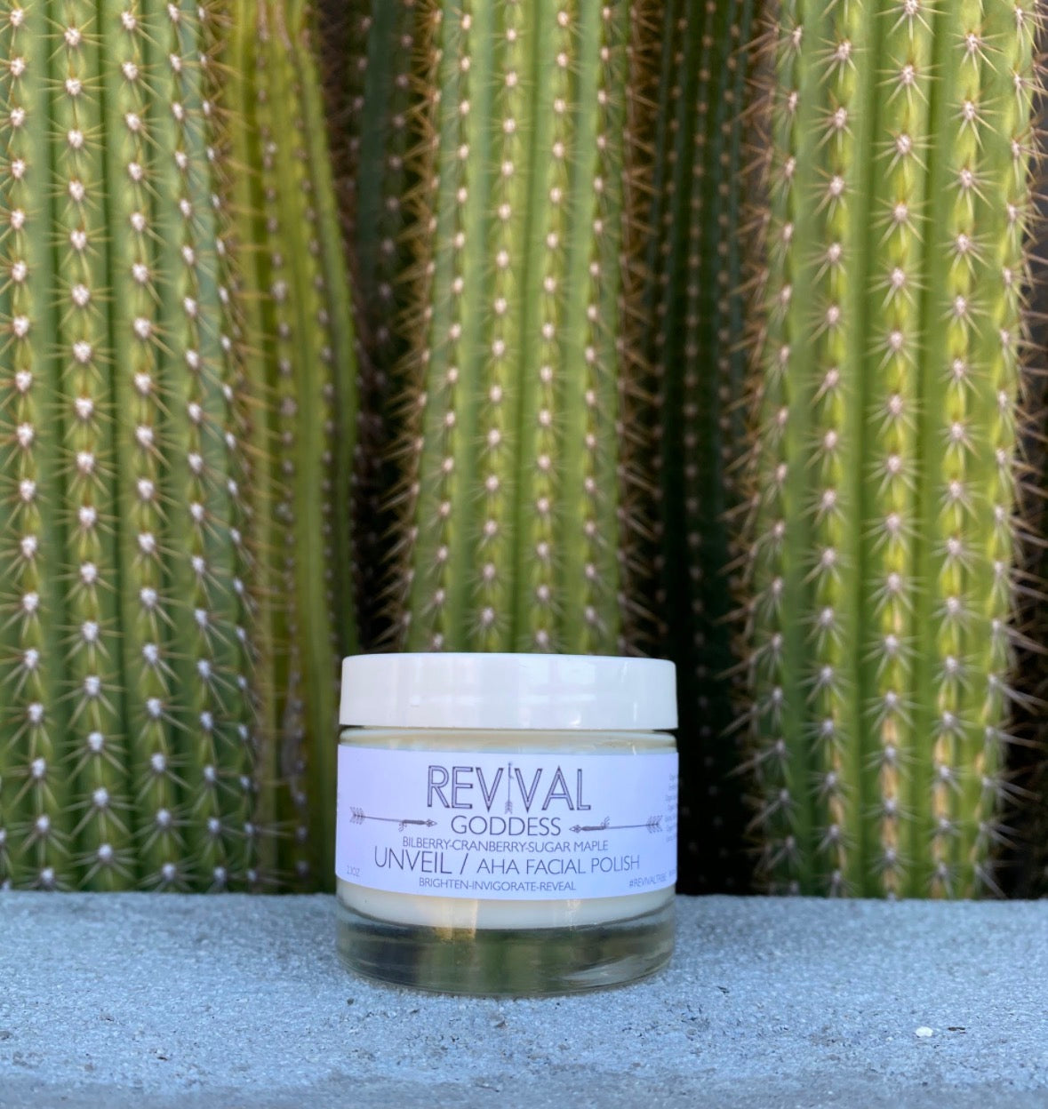 Jar of 'Revival Goddess' facial polish with cacti in the background