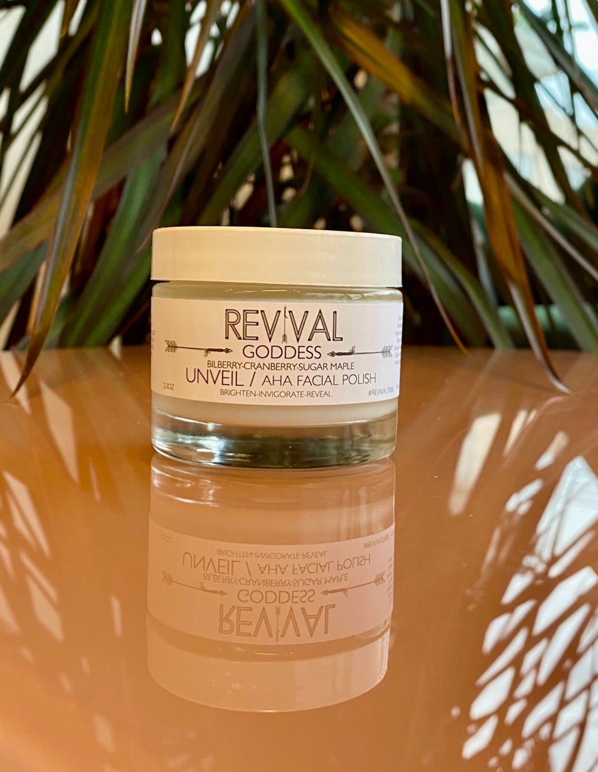 Jar of 'Revival Goddess' facial polish with a plant in the background