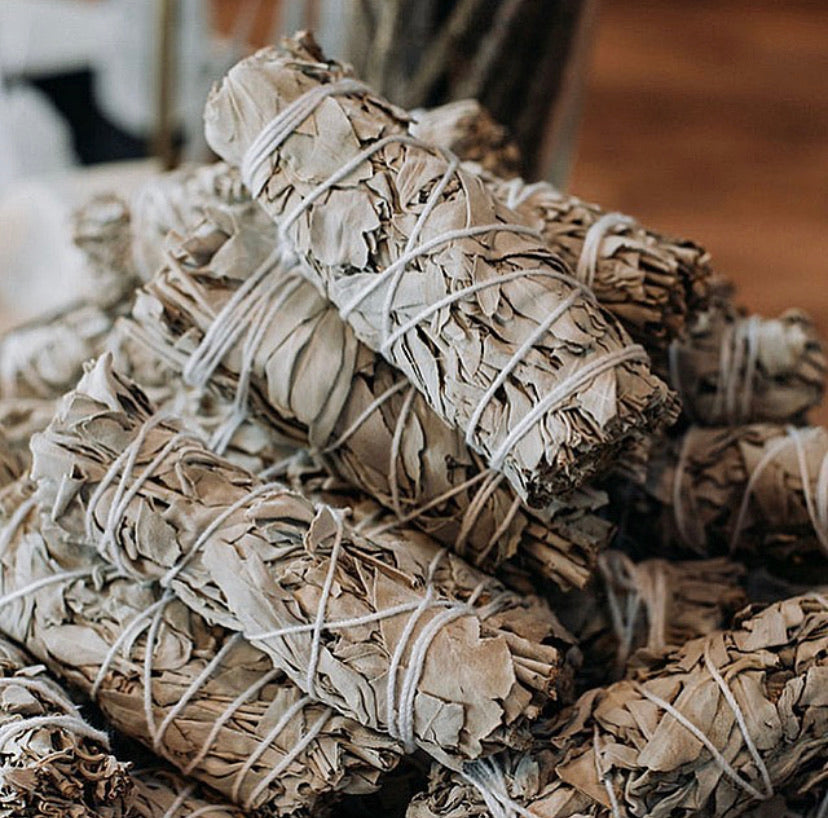 A bundle of white sage tied with string, prepared for smudging or burning as a ritualistic practice.